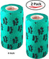 Vet Wrap Teal with Paws Tape, 2 Pack, 4 Inch x 15 feet Self Adhesive Cohesive Bandage for Pets