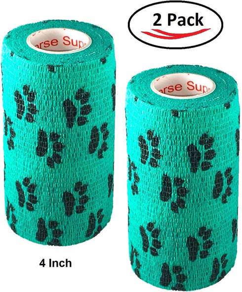 Vet Wrap Tape (Teal with Paw Prints) (2 Pack) (2 Inch x 15 feet) Self-Adhesive Cohesive Bandage for Pets