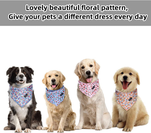Dog Bandanas Spring, 4PCS Puppy Bandana, Orange Pink Blue Floral Printing Dog Bib Handkerchief Scarf