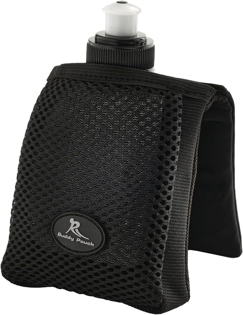 Running Buddy Black Water Bottle Pouch - 4" x 4" with 7 Oz Container - Magnetic Holder for Running & Travel