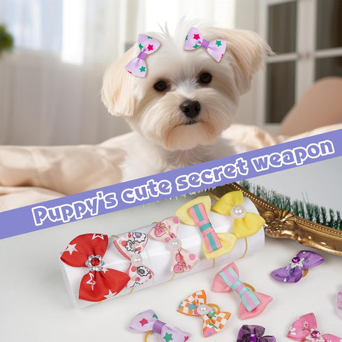 Chenkou Craft 100pcs Random Puppy Yorkie Dog Hair Bow with Rubber Band, Rhinestone Pet Grooming Accessories, Mix Colors