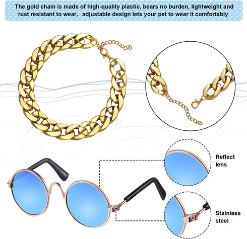 7 Pieces Dog Costume Set with Adjustable Gold Pet Chain and Funny Cute Sunglasses for Small Dogs