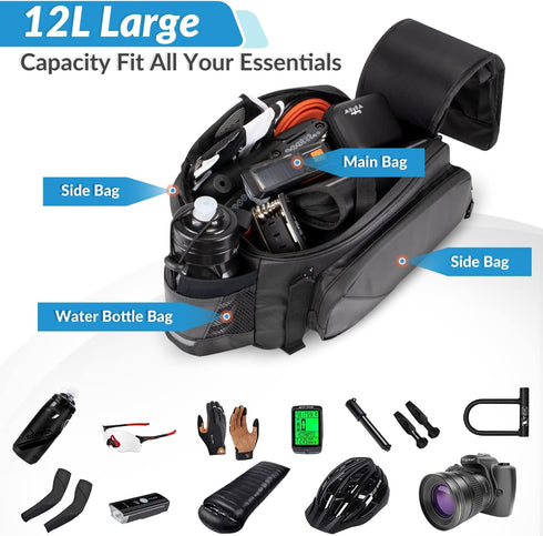 WOTOW 12L Waterproof Bike Rear Rack Bag - Reflective Bicycle Trunk Carrier with Water Bottle Holder, Shoulder Strap