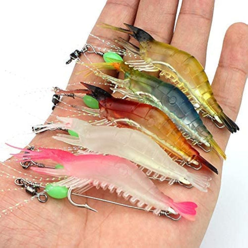 OriGlam 5pcs Soft Luminous Shrimp Lure Set, 5 Colors Bait with Hooks and Beads for Freshwater and Saltwater Fishing