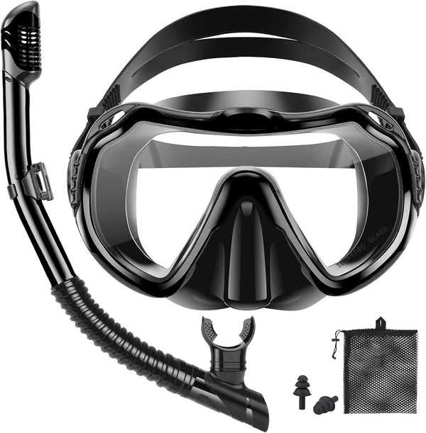 Snorkeling Gear for Adults, Anti-Fog Tempered Glass Lens, Anti-Leak Set with Mesh Bag