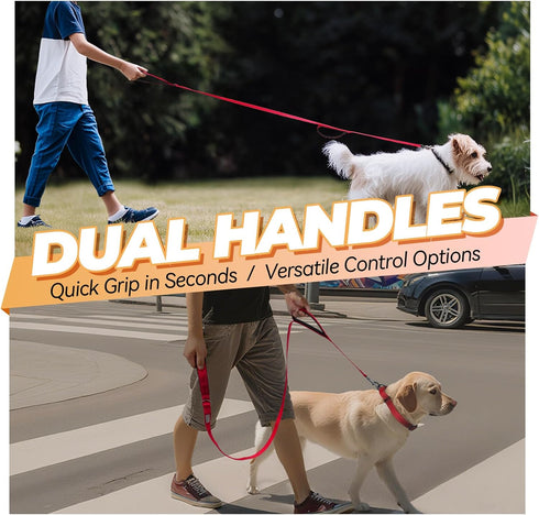 VIVAGLORY Twingrip Dog Leash - Double Handle for Training & Walking, Reflective Heavy Duty, 6ft x 1in, Red