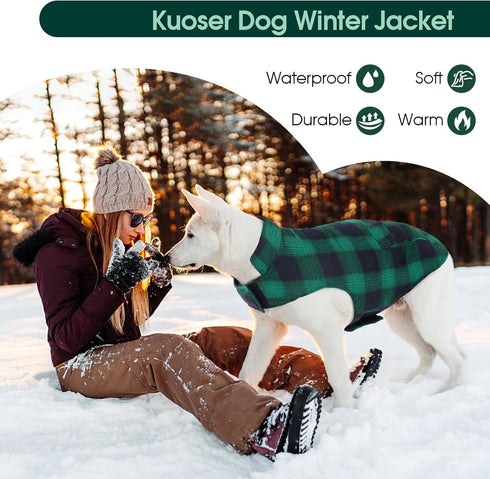 Kuoser Dog Winter Coat, Reversible British Style Jacket, Warm Cold Weather Vest for Small Dogs, Green S