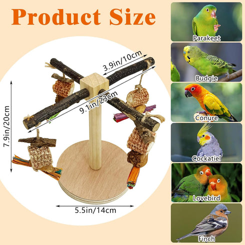 Finches Rotating Bird Perch Stand Toy Natural Wooden Parakeet Toys with Edible Chew Toy Interactive Spinning Toy Bird