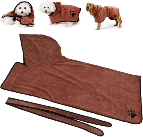 Dam Skerisi Water Absorbent Bathrobe for Dogs and Cats, Wearable Hooded Drying Bath Towel with Belt, Brown, Durably