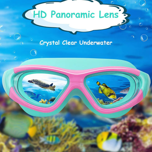 Vvinca Kids Swim Goggles, 2024 Upgraded Design with Ear & Nose Plug, Wide View Anti-Fog No Leak Water Pool Goggle for