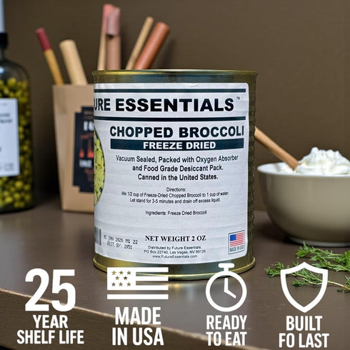 #2.5 25+ 2 oz Future Essentials Canned Chopped Freeze Dried Broccoli Size Can of Broccoli Bites with Year Shelf Life