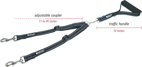 Leashboss Duo - Double Dog Leash for Large Dogs, Adjustable, Reflective, No Tangle, Detachable Padded Handle, Black
