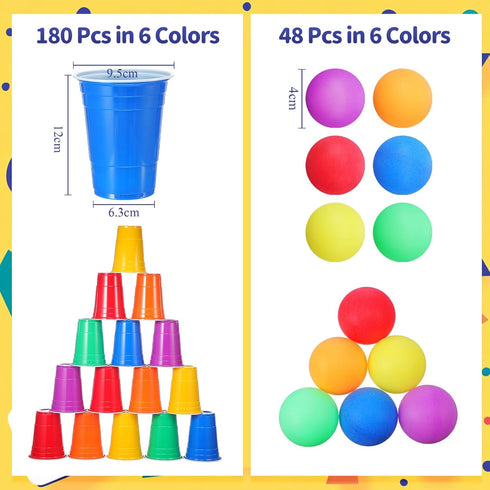 Qinyoung 228 Set Pcs Cups and Balls Game for Party, Plastic Flip Cup Stacking Game Colorful Reusable Table Tennis Ball