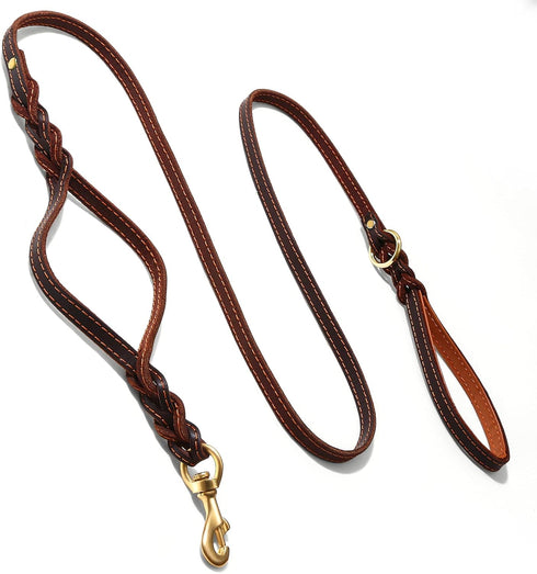 Guiding Star 6ft Double Handle Leather Dog Leash, Heavy Duty Braided for Small Medium & Large Dogs, Brown