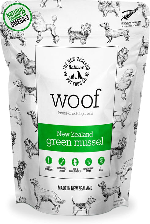 WOOF Freeze Dried Dog Treats, New Zealand Green Mussels, High Protein for Dogs, 1.76 oz