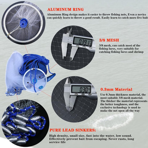 3/8 1/2 4FT/5FT/6FT/7FT Drasry Fishing Cast Net with Aluminum Ring or Mesh for Saltwater Freshwater Bait Shrimp Trap