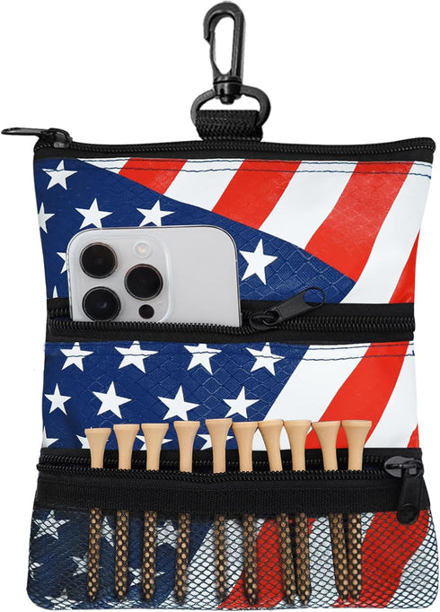 Golf Bag Accessories Valuables Pouch Bags - Multi Pocket Zipper Hook with 10 Pcs Wood Golf Tees for Men Women