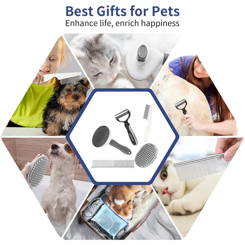 5 in 1 Dog Grooming Kit - Shedding Brush Set for Short & Long Haired Pets - Self-Cleaning Slicker Brush - Gray,