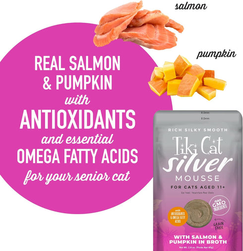Tiki Cat Silver Mousse with Salmon & Pumpkin in Broth, Nutrient Rich for Older Cats Aged 11+, 2.9 oz. Pouch (Pack of 12)