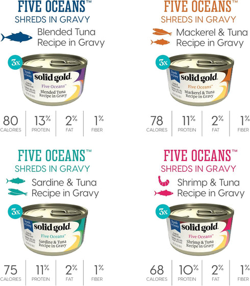 Solid Gold Wet Cat Food Shreds in Gravy, Canned Variety Pack with Real Tuna, 12ct/3oz Can
