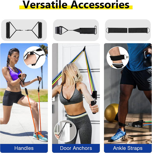 Resistance Bands Set (12pcs) with Handles, Door Anchor, Ankle Straps, and Carry Bag, Exercise Bands for Home Workouts