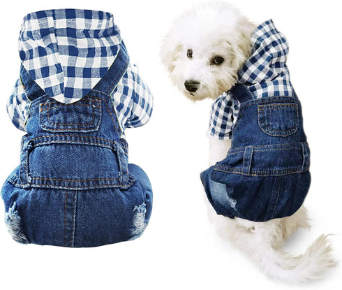Pet Clothes Denim Dog Jeans, Striped or Grid Jumpsuit Overall Hoodie Coat for Small Medium Dogs