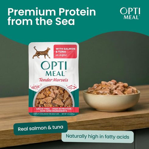 3oz (Pack 12) Optimeal Wet Cat Food Grain Free - Salmon & Tuna Tender Morsels, High Protein Premium Nutrition Made