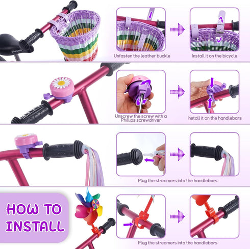 Kids Bike Basket, Woven Front Accessories for Boys & Girls with Stickers, Bell, Windmill, Ribbons