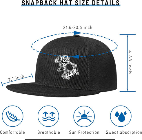 Skull Finger Flat Bill Hat for Men, Black Snapback Baseball Cap, Fitted Rock N Roll Skeleton Hand Hat