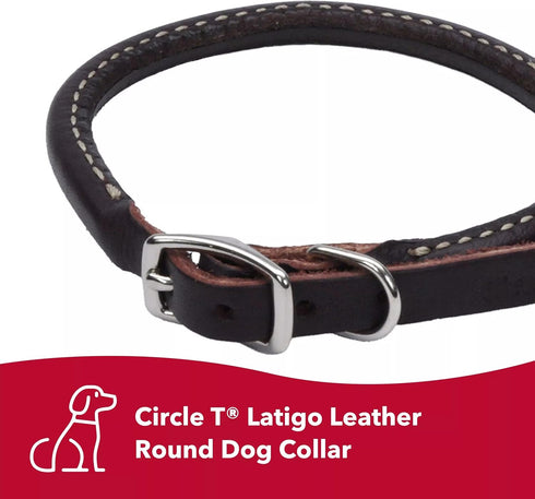 Coastal Pet - Circle T Oak Tanned Leather Round Dog Collar - Comfortable Dog Collar for Pets with Long Hair or Sensitive Skin - Pet Collar Made from Full-Grain Leather - Black, 5/8" x 16"