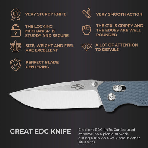Firebird GANZO F7601 Pocket Folding Knife, 440C Stainless Steel Blade, G-10 Anti-Slip Handle, Grey