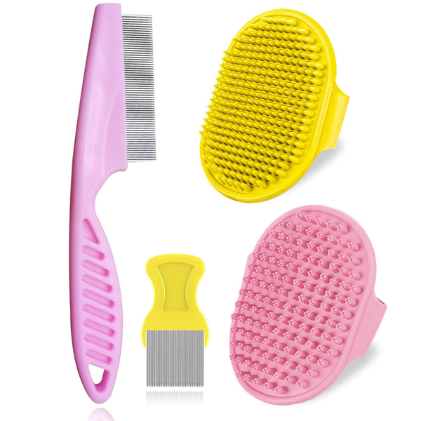 Aoche 4Pack Pet Grooming Brush Kit, Dog Bath Brush, Flea Comb, Soothing Massage Rubber Comb, Cat Tear Stain Comb