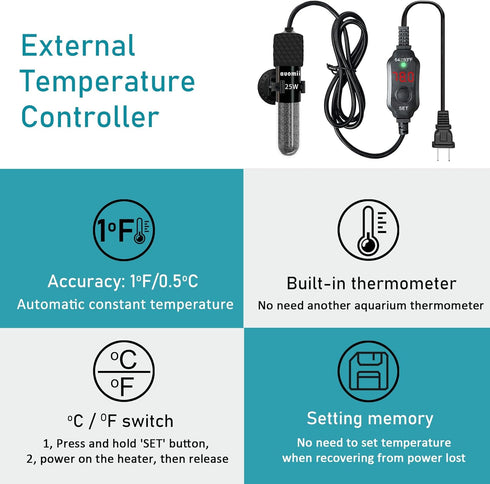 Small Submersible Aquarium Heater, Adjustable Mini Heater 25/50/100/150/200/300 Watts for 1-60 Gallons