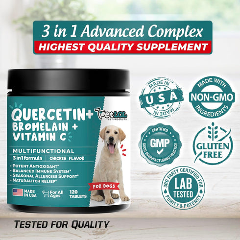Quercetin for Dogs with Bromelain and Vitamin C, 120 Chewable Tablets for Allergies and Immune Support