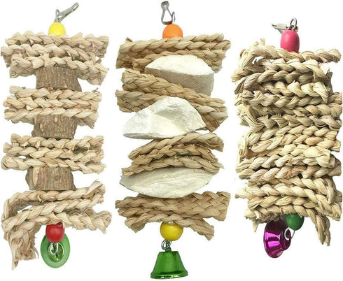 Hamiledyi Parrot Toys, Chewing Bird Toy Cuttle Bone, Beak Grinding Cage Hanging Bell for African Greys, 3 Pack
