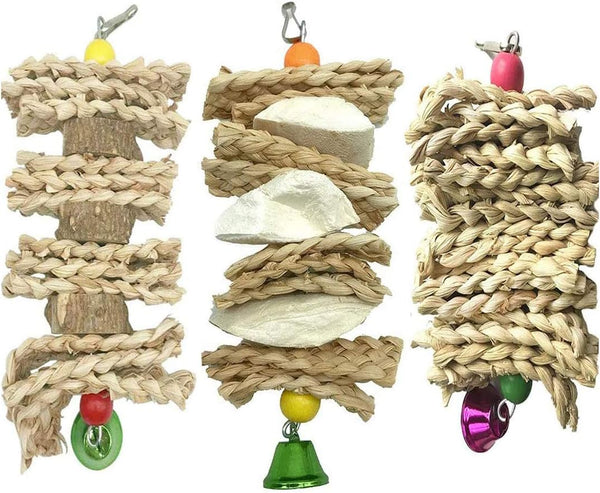 Hamiledyi Parrot Toys, Chewing Bird Toy Cuttle Bone, Beak Grinding Cage Hanging Bell for African Greys, 3 Pack