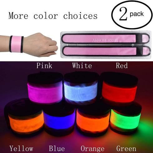 LED Slap Bracelets Light Up Armbands Glow in The Dark Fashing Wristbands Wrist Bands Safety Reflective Running Gear Lights for Runners Walkers Walking Joggers Jogging, Fits Men Women Kids (2-Pink)
