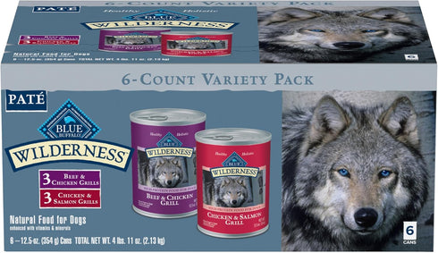 Blue Buffalo Wilderness High Protein Wet Dog Food Variety Pack for Adult Dogs, Grain-Free, 12.5 oz. Cans (6 Pack)