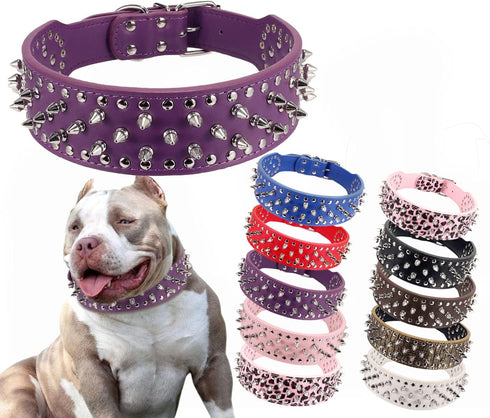 Hoot PU Leather Adjustable Spiked Studded Dog Collar, 2" Wide, 37 Spikes, M (Neck 19"-22"), Purple