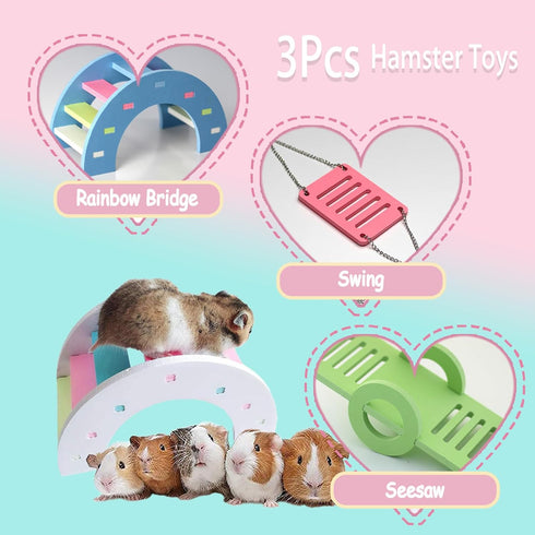 Benepoint Set 3Pcs) Hamster Toys, Rainbow Bridge & Swing & Seesaw Guinea Pig Toys DIY Rat Toys for Small Animals