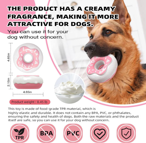Cute Donut Dog Toy, Indestructible Squeaky Chew Toy for Aggressive Chewers, Medium & Large Breeds (Pink)
