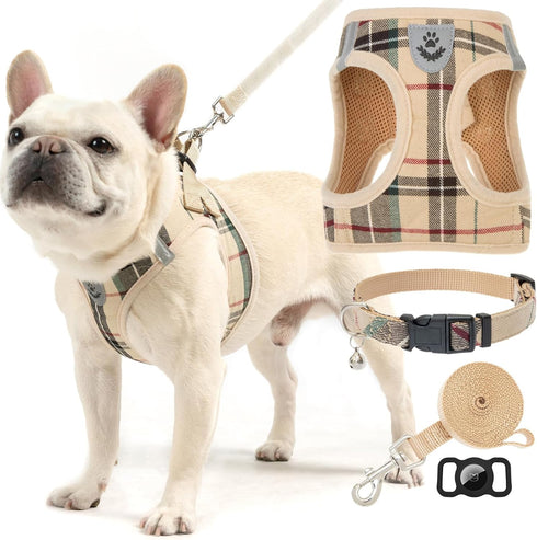 EXPAWLORER Khaki Small Dog Harness and Leash Set with AirTag Holder, Soft Padded No Pull Reflective Vest for Medium Dogs