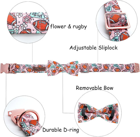 Rugby Dog Collar with Flower Bows, Adjustable Bowtie Pet Collar for X-Small Dogs