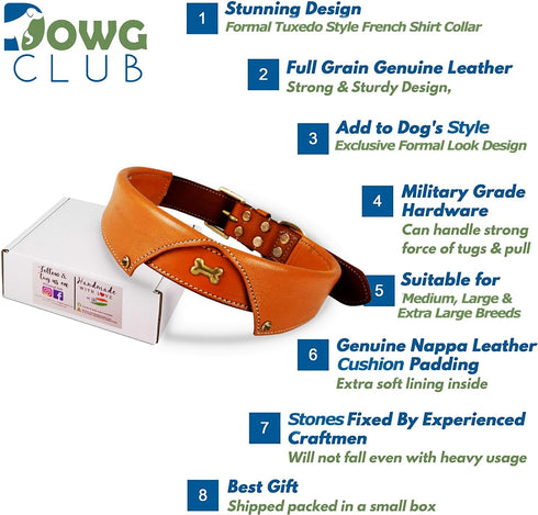 Formal Tuxedo Shirt Collar Style Genuine Leather Collar for Dogs & Cats - Comfortable Napa Padding (Tan, XL 22"-26")