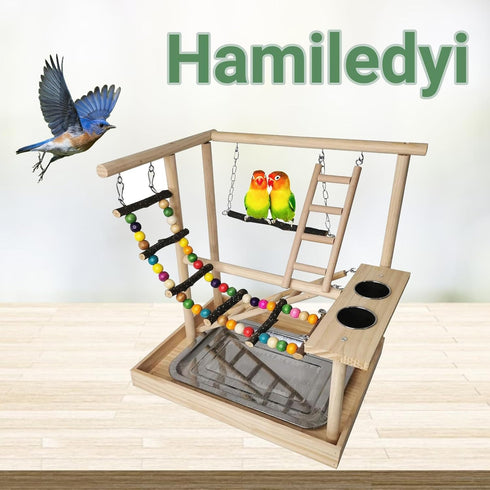 Hamiledyi Parrots Playground Bird Play Gym Wood Perch Stand Colours Climb Ladders Swing Chewing Toys with Parakeet