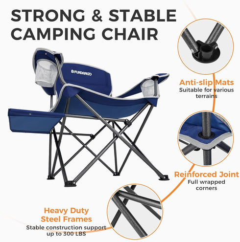 300LBS FUNDANGO Folding Padded Camping Chair, Portable Outdoor Full Back Lawn Arm Chair with Side Table Cup Holder Side