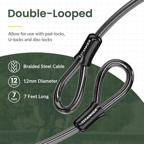 Titanker Bike Lock Cable, 12mm Thick Heavy Duty Steel Cable with Loops, Vinyl Coated Security Chain (4ft, 7ft, 15ft,