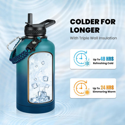 Insulated Water Bottle 64 oz, Triple Wall Vacuum Stainless Steel, Leak Proof & Non-BPA, Half Gallon Jug with Paracord