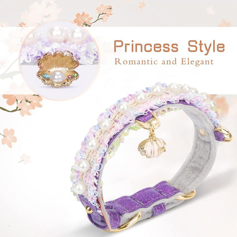 PetsHome Cat Dog Collar, Beautiful Lace Cute Pearl Premium PU Leather with Shell Pendant Adjustable for Small Dog and