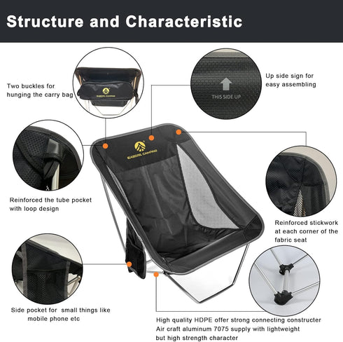 Backpacking, Ultralight Folding Camping Chair Low Lightweight Foldable Camp Chairs with Carry Bag for Hiking, Picnic